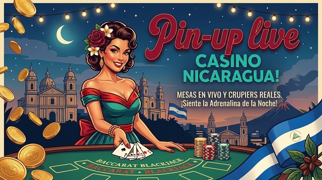 Ilustración de una mesa en vivo de baccarat y blackjack con crupier y la bandera de Nicaragua