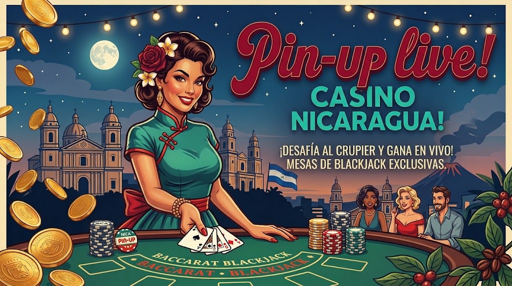 Ilustración de blackjack en vivo con jugadores sentados a una mesa frente a una ciudad nicaragüense
